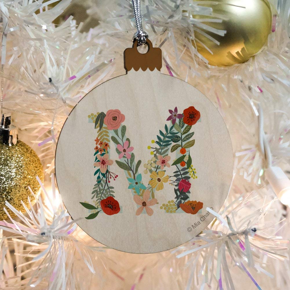 Letter M Floral Monogram Initial Wood Christmas Tree Holiday Ornament