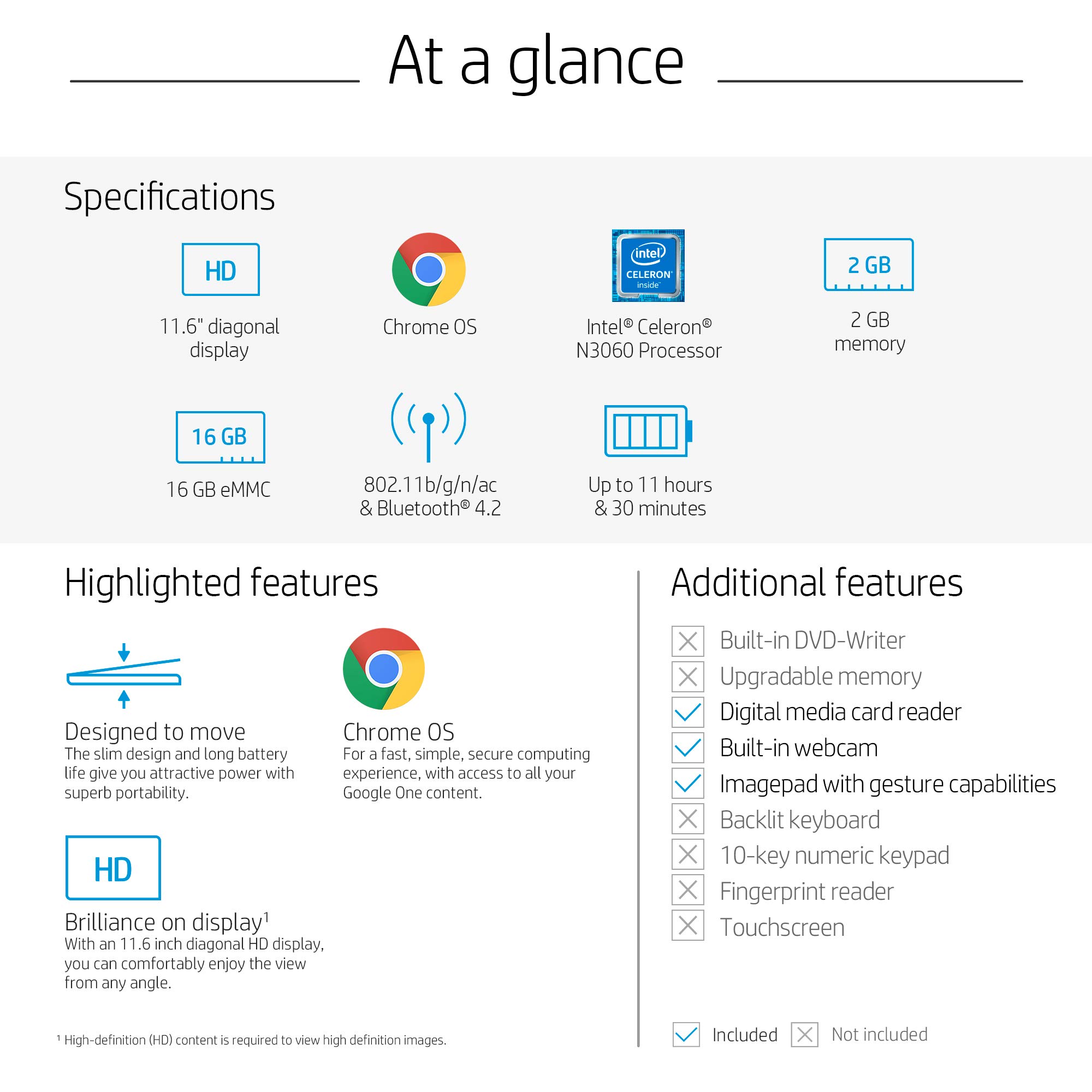 HP Chromebook 11-Inch Laptop, Intel Celeron N3060 Processor, 2 GB SDRAM, 16 GB eMMC Storage, Chrome OS (11-v000nr, Ash Gray)