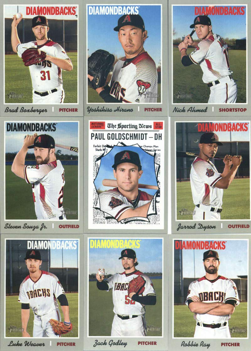 2019 Topps Heritage Baseball Arizona Diamondbacks Team Set of 13 Cards: Ketel Marte(#35), Zack Godley(#47), Robbie Ray(#51), David Peralta(#57), Jake Lamb(#75), Archie Bradley(#81), Luke Weaver(#190), Brad Boxberger(#268), Yoshihisa Hirano(#275), Nick Ahm