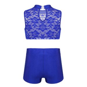 inlzdz Kids Girls 2PCS Tankini Sleeveless Racer Back Top with Booty Shorts Gymnastic Leotard Dancewear Sports Outfit Blue Turtleneck Lace 14