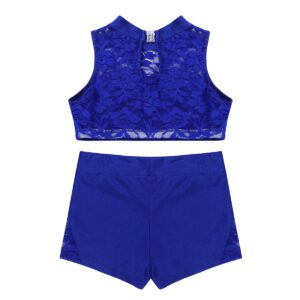 inlzdz Kids Girls 2PCS Tankini Sleeveless Racer Back Top with Booty Shorts Gymnastic Leotard Dancewear Sports Outfit Blue Turtleneck Lace 14