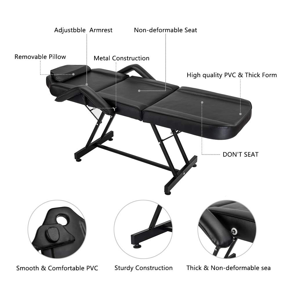 Tattoo Chair with Stool Message Bed Spa Salon Table Facial Chair for Client Esthetician White Max Weight Capacity 330lbs Black