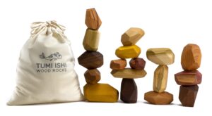 tumi ishi 17 piece wood rock set - mixed wood species - balancing blocks - natural wood toy - organic jojoba oil and beeswax finish - handmade wooden toys - sensory toy - usa made - personalizable