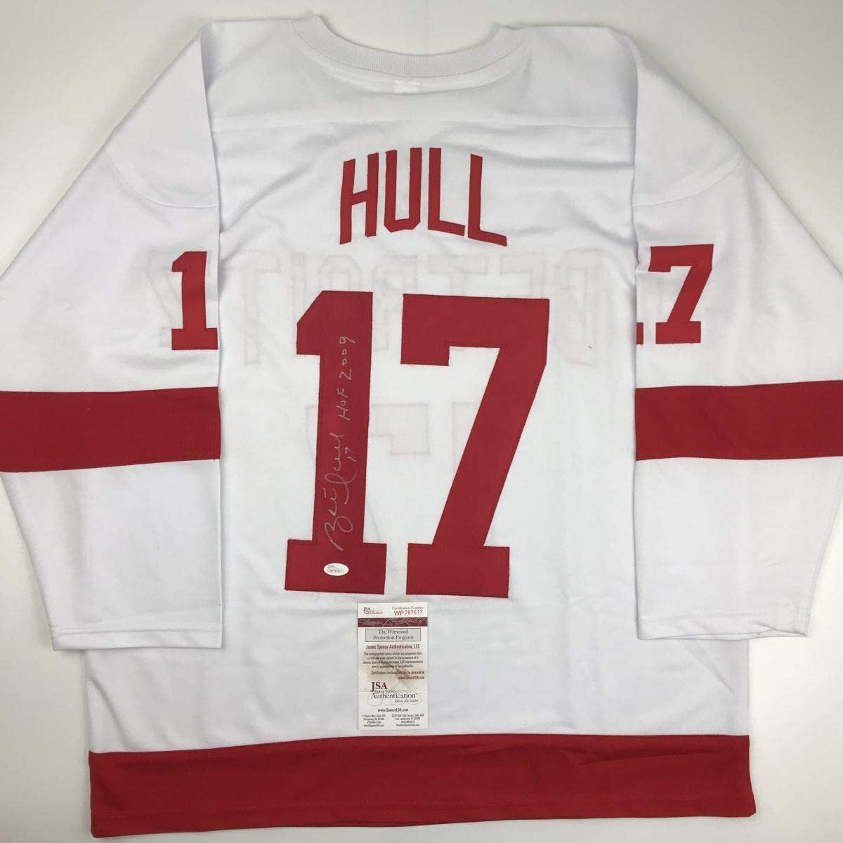 Autographed/Signed Brett Hull HOF 2009 Detroit White Hockey Jersey JSA COA