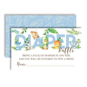 watercolor jungle animals diaper raffle tickets for boy baby showers, 20 2" x 3” double sided insert cards for games by amandacreation, bring a pack of diapers to win favors & prizes!