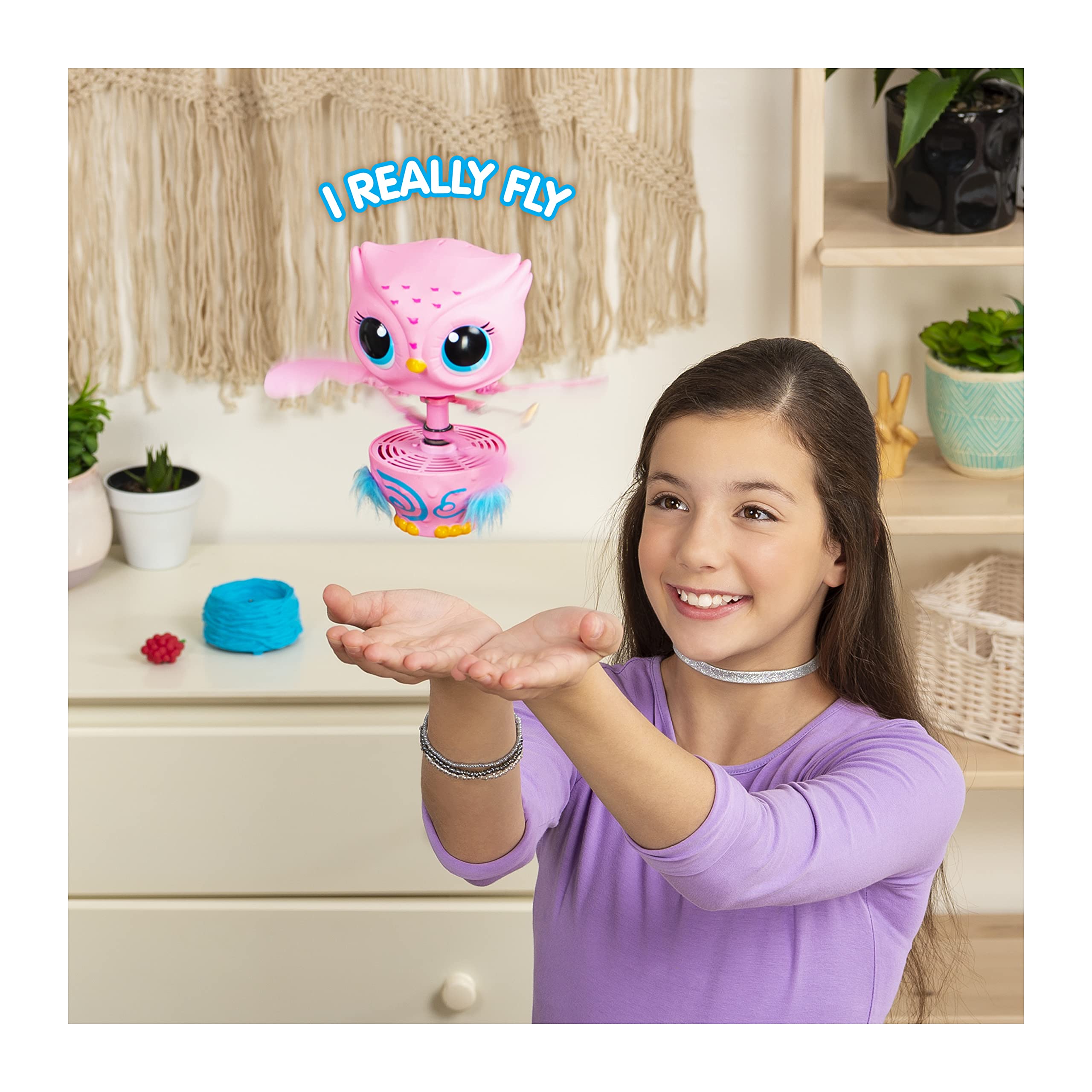 Owleez, Flying Baby Owl Interactive Toy with Lights and Sounds (Pink), for Kids Aged 6 and Up