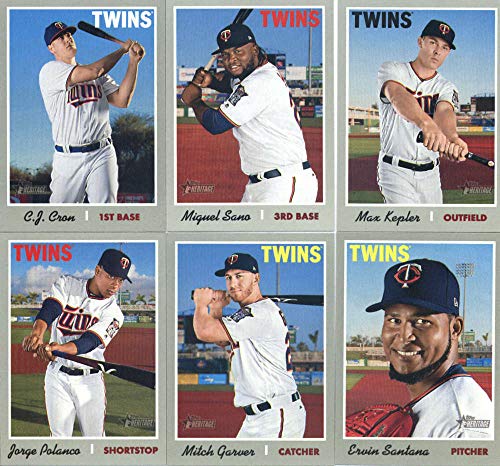 2019 Topps Heritage Baseball Minnesota Twins Team Set of 9 Cards: Eddie Rosario(#25), Nelson Cruz(#134), C.J. Cron(#204), Miguel Sano(#226), Ervin Santana(#336), Max Kepler(#378), Jorge Polanco(#379), Mitch Garver(#383), Kohl Stewart/Willians Astudillo/St