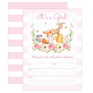 your main event prints pink woodland baby shower invitations, forest animal baby shower invitations for girl, with bear, raccoon, deer, baby sprinkle, 20 fill in invitations and envelopes