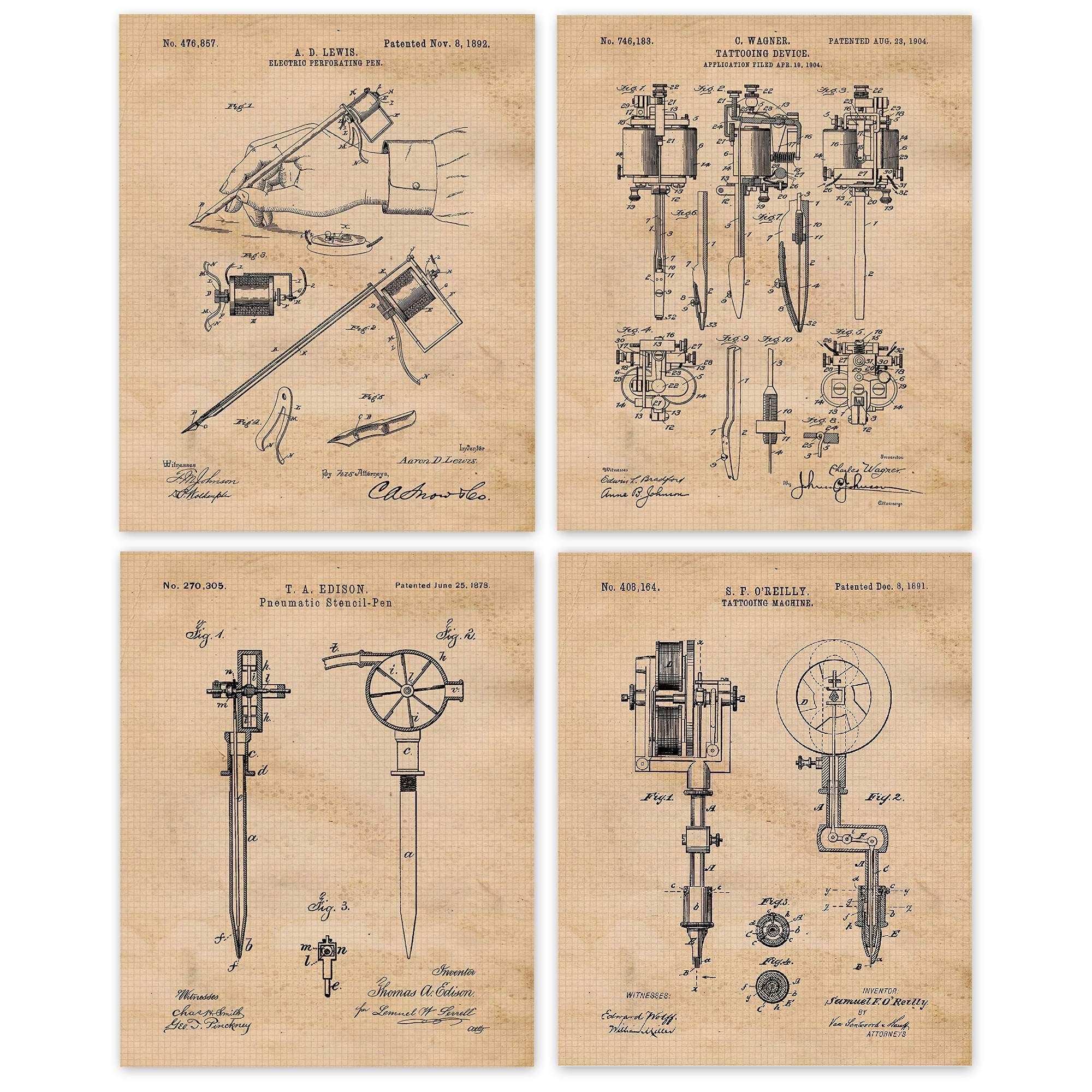 Vintage Tattoo Equipment Tools Patent Print, 4 (8x10) Unframed Photos, Wall Art Decor Gifts for Home Office Gears Garage Ink Artist Studio Salon Lounge Design School Student Teacher Apprentice Fans