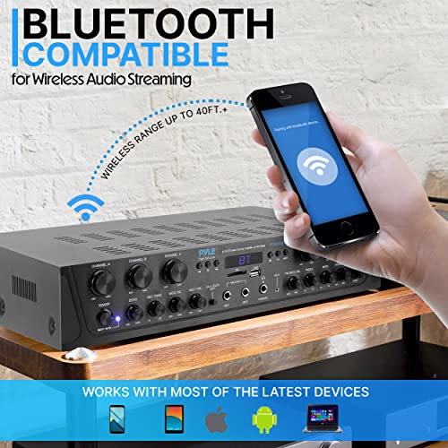 Pyle Wireless Home Audio Amplifier System - Bluetooth Compatible Sound Stereo Receiver Amp - 6 Channel 600 Watt Power, Digital LCD, Headphone Jack, 1/4'' Microphone IN USB SD AUX RCA FM Radio