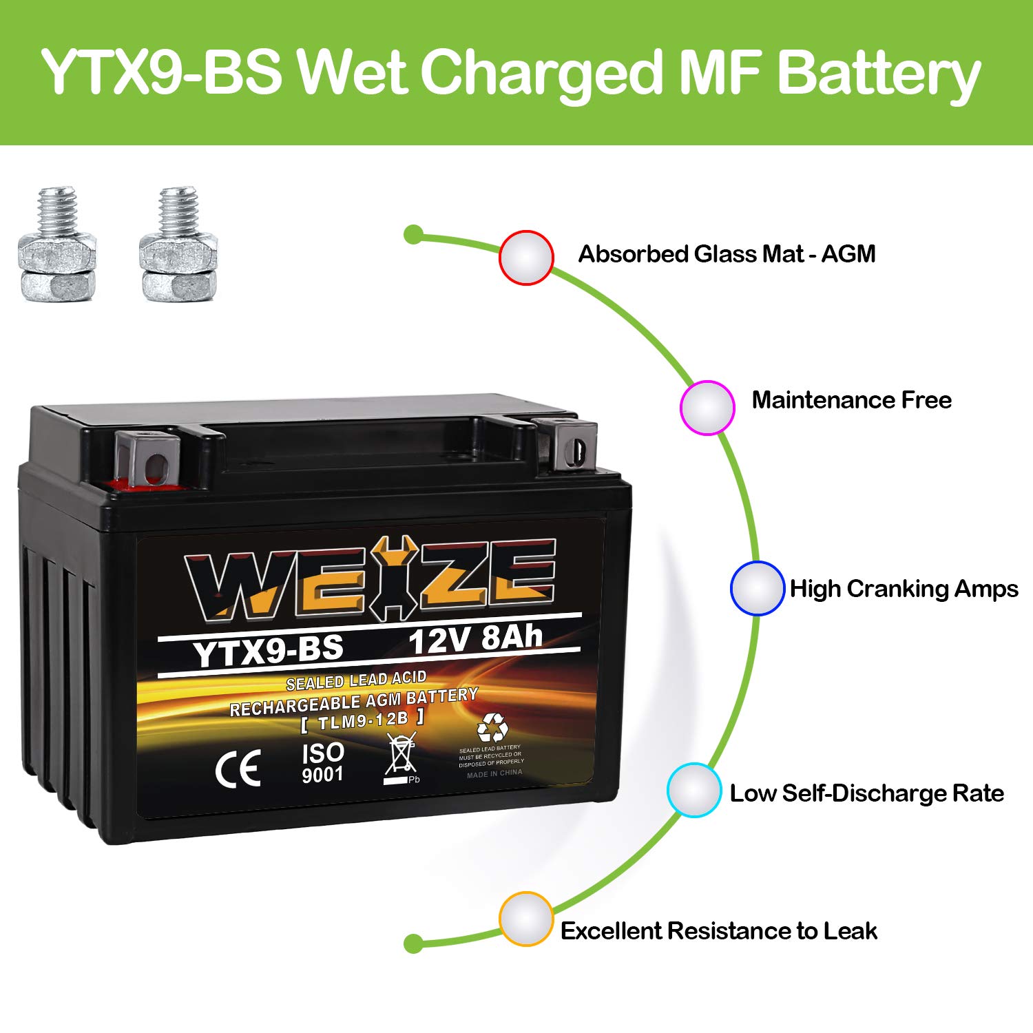 Weize YTX9-BS Maintenance Free Lead-Acid Battery For Motorcycle, ATV, Honda, Polaris, Suzuki