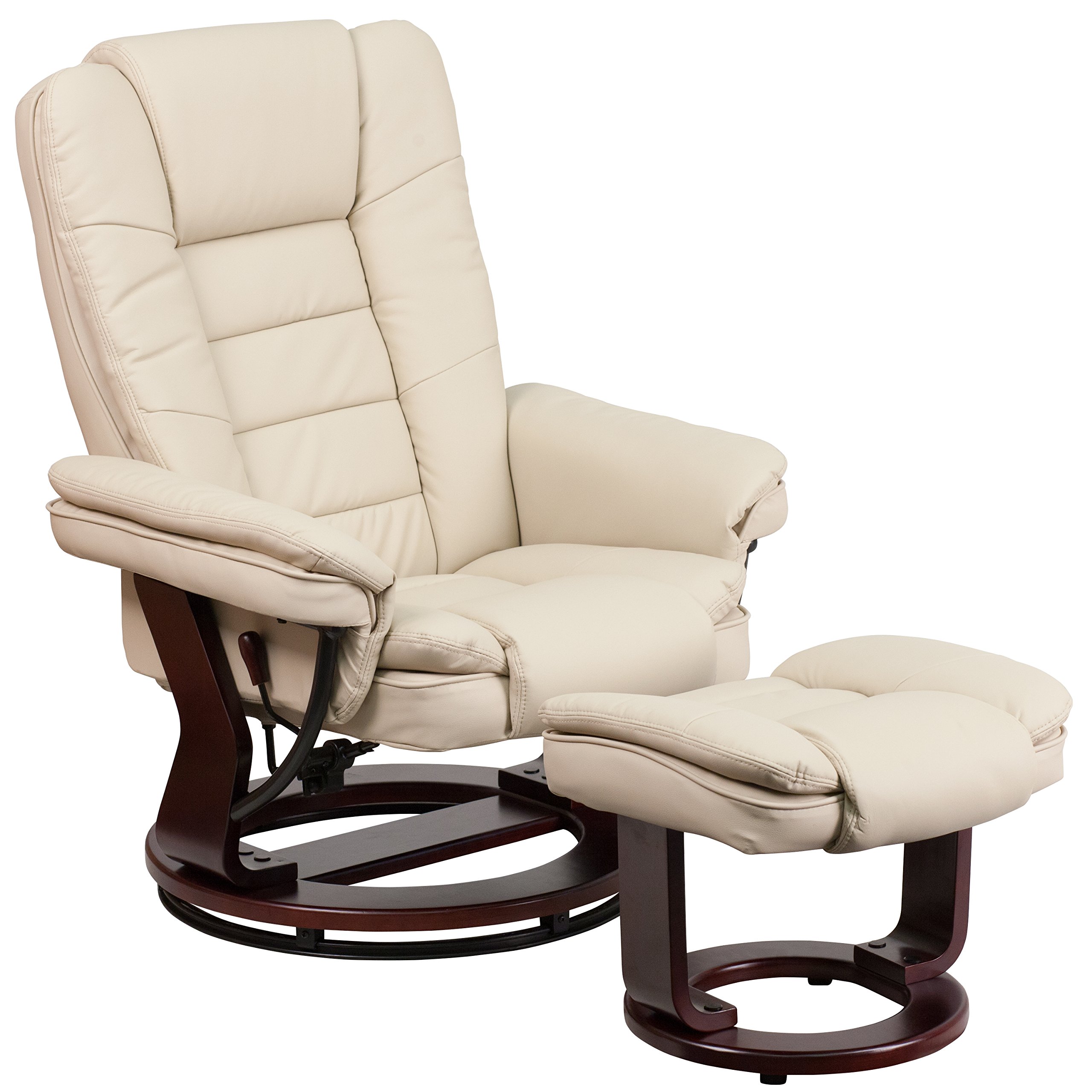 EMMA + OLIVER Multi-Position Stitched Recliner & Ottoman with Swivel Base in Beige LeatherSoft