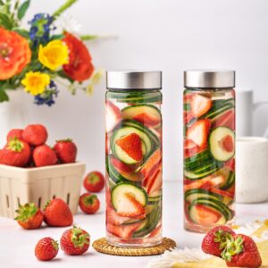 Juice Bottles - 4 Pack Wide Mouth Glass Bottles with Lids - for Juicing, Smoothies, Infused Water, Beverage Storage - 16oz, BPA Free, Stainless Steel Lids, Leakproof, Reusable, Borosilicate