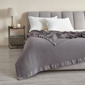 100% Cotton Blanket for King Size Bed - Grey Waffle Weave Lightweight Summer Bed Blanket - 102x90in Prewashed Breathable, Woven, Layering Blanket (King, Dark Grey)