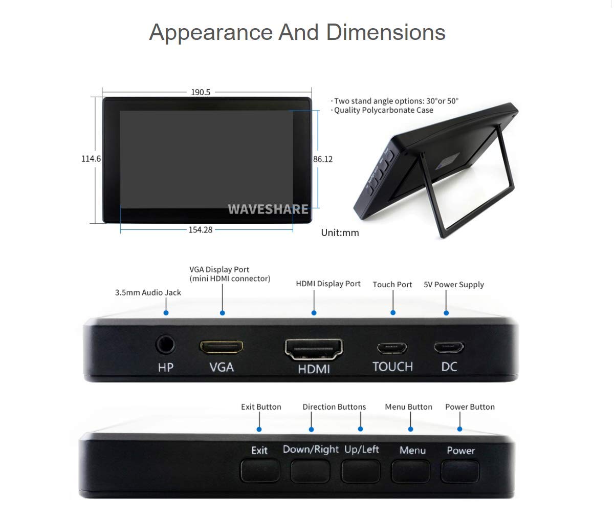 waveshare 7inch HDMI LCD (H) (with case) 1024x600 for Raspberry Pi IPS Display Capacitive Touch Screen Monitor with Toughened Glass Cover Case for Raspberry Pi 4/3/2/1 B B+ A+/Jetson Nano/Windows 10