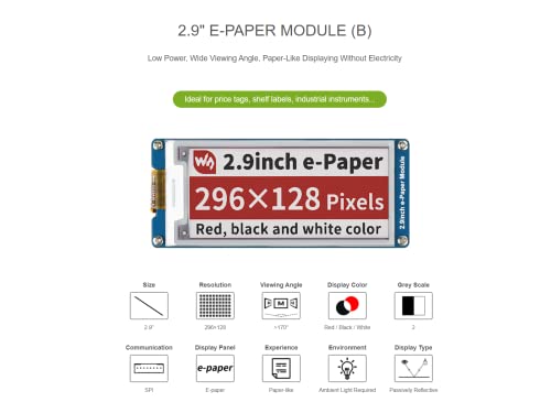 Three Color 2.9inch E-Ink Display Module (B), 296x128 Resolution 3.3V/5V E-Paper Epaper Display Screen Red Black White Tri-Color Compatible with Raspberry Pi/Arduino/STM32,SPI Interface, Full Refresh