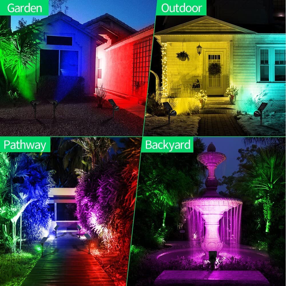 DBF Color Changing Solar Spotlight, 600LM Bright Color Solar Spot Lights Outdoor, 2-in-1 Solar Landscape Lights Waterproof Christmas Decorative Flood Lighting for Garden Yard Tree House, 2 Pack