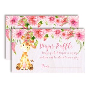 amanda creation watercolor dahlia floral giraffe diaper raffle tickets for girl baby showers, 20 2" x 3” double sided insert cards for games, bring a pack of diapers to win favors & prizes!