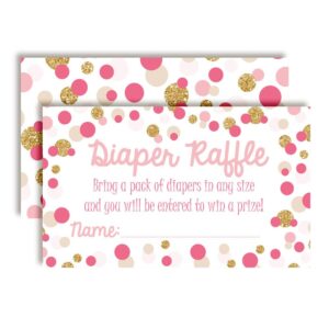 polka dot pink & gold themed diaper raffle tickets for girl baby showers, 20 2" x 3” double sided insert cards for games by amandacreation, bring a pack of diapers to win favors & prizes!