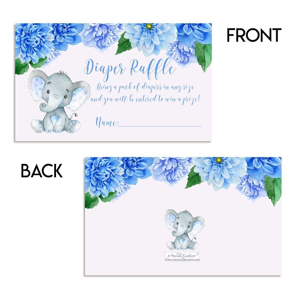 Amanda Creation Watercolor Dahlia Floral Elephant Diaper Raffle Tickets for Boy Baby Showers, 20 2" X 3” Double Sided Inserts, Bring a Pack of Diapers to Win Favors & Prizes!