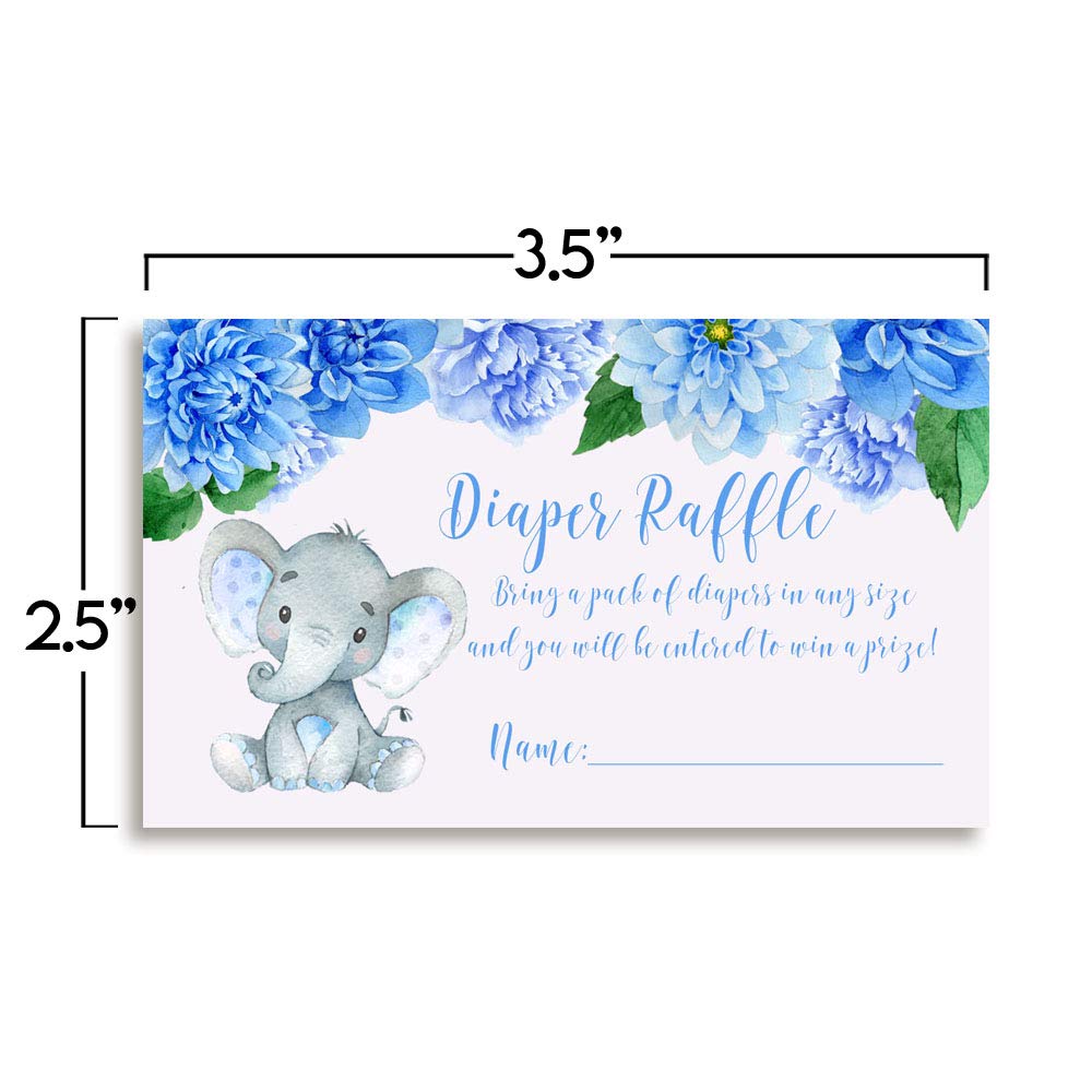 Amanda Creation Watercolor Dahlia Floral Elephant Diaper Raffle Tickets for Boy Baby Showers, 20 2" X 3” Double Sided Inserts, Bring a Pack of Diapers to Win Favors & Prizes!