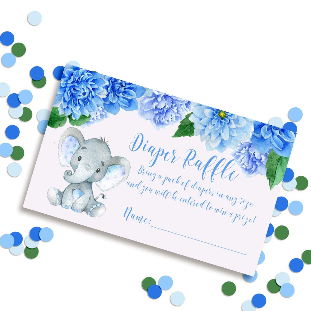 Amanda Creation Watercolor Dahlia Floral Elephant Diaper Raffle Tickets for Boy Baby Showers, 20 2" X 3” Double Sided Inserts, Bring a Pack of Diapers to Win Favors & Prizes!