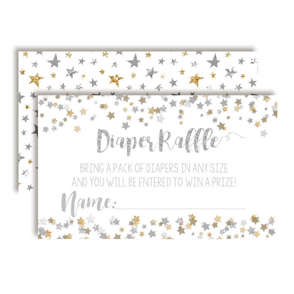 Amanda Creation Gold & Silver Twinkle Little Star Gender Neutral Diaper Raffle Tickets for Baby Showers, 20 2" X 3” Double Sided Inserts, Bring a Pack of Diapers to Win Favors & Prize