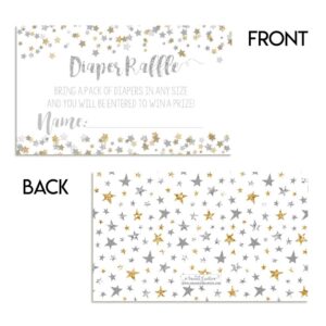 Amanda Creation Gold & Silver Twinkle Little Star Gender Neutral Diaper Raffle Tickets for Baby Showers, 20 2" X 3” Double Sided Inserts, Bring a Pack of Diapers to Win Favors & Prize