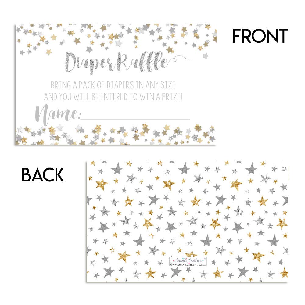 Amanda Creation Gold & Silver Twinkle Little Star Gender Neutral Diaper Raffle Tickets for Baby Showers, 20 2" X 3” Double Sided Inserts, Bring a Pack of Diapers to Win Favors & Prize