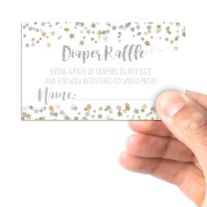 Amanda Creation Gold & Silver Twinkle Little Star Gender Neutral Diaper Raffle Tickets for Baby Showers, 20 2" X 3” Double Sided Inserts, Bring a Pack of Diapers to Win Favors & Prize