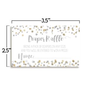 Amanda Creation Gold & Silver Twinkle Little Star Gender Neutral Diaper Raffle Tickets for Baby Showers, 20 2" X 3” Double Sided Inserts, Bring a Pack of Diapers to Win Favors & Prize