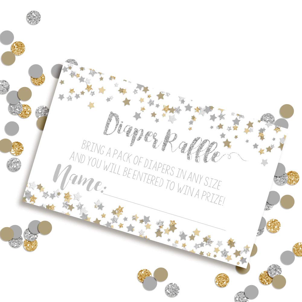 Amanda Creation Gold & Silver Twinkle Little Star Gender Neutral Diaper Raffle Tickets for Baby Showers, 20 2" X 3” Double Sided Inserts, Bring a Pack of Diapers to Win Favors & Prize