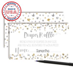 Amanda Creation Gold & Silver Twinkle Little Star Gender Neutral Diaper Raffle Tickets for Baby Showers, 20 2" X 3” Double Sided Inserts, Bring a Pack of Diapers to Win Favors & Prize