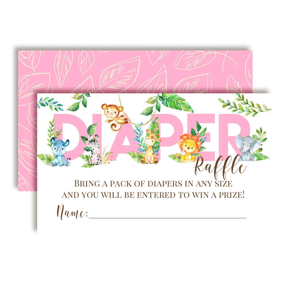 Watercolor Jungle Animals Diaper Raffle Tickets for Girl Baby Showers, 20 2" X 3” Double Sided Insert Cards for Games by AmandaCreation, Bring a Pack of Diapers to Win Favors & Prizes!