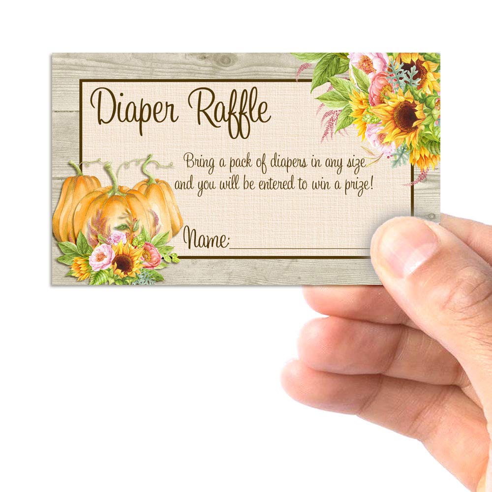 Amanda Creation Watercolor Sunflower & Peony Floral with Pumpkins Fall Diaper Raffle Tickets for Baby Showers, 20 2" X 3” Double Sided Inserts, Bring a Pack of Diapers to Win