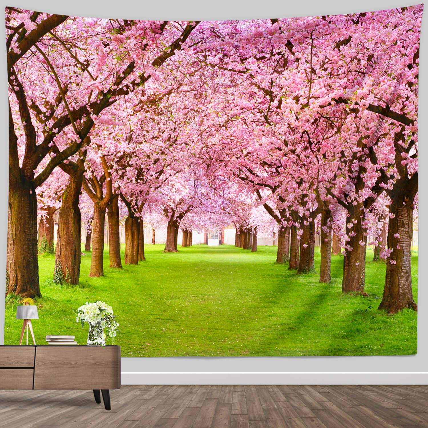 BROSHAN Pink Flower Tapestry Wall Hanging, Nature Floral Bedroom Tapestry Small - Cute Cherry Flowers Trees Garden Scenic Tapestries for Living Room Home Office Dorm Fabric Wall Art Blanket