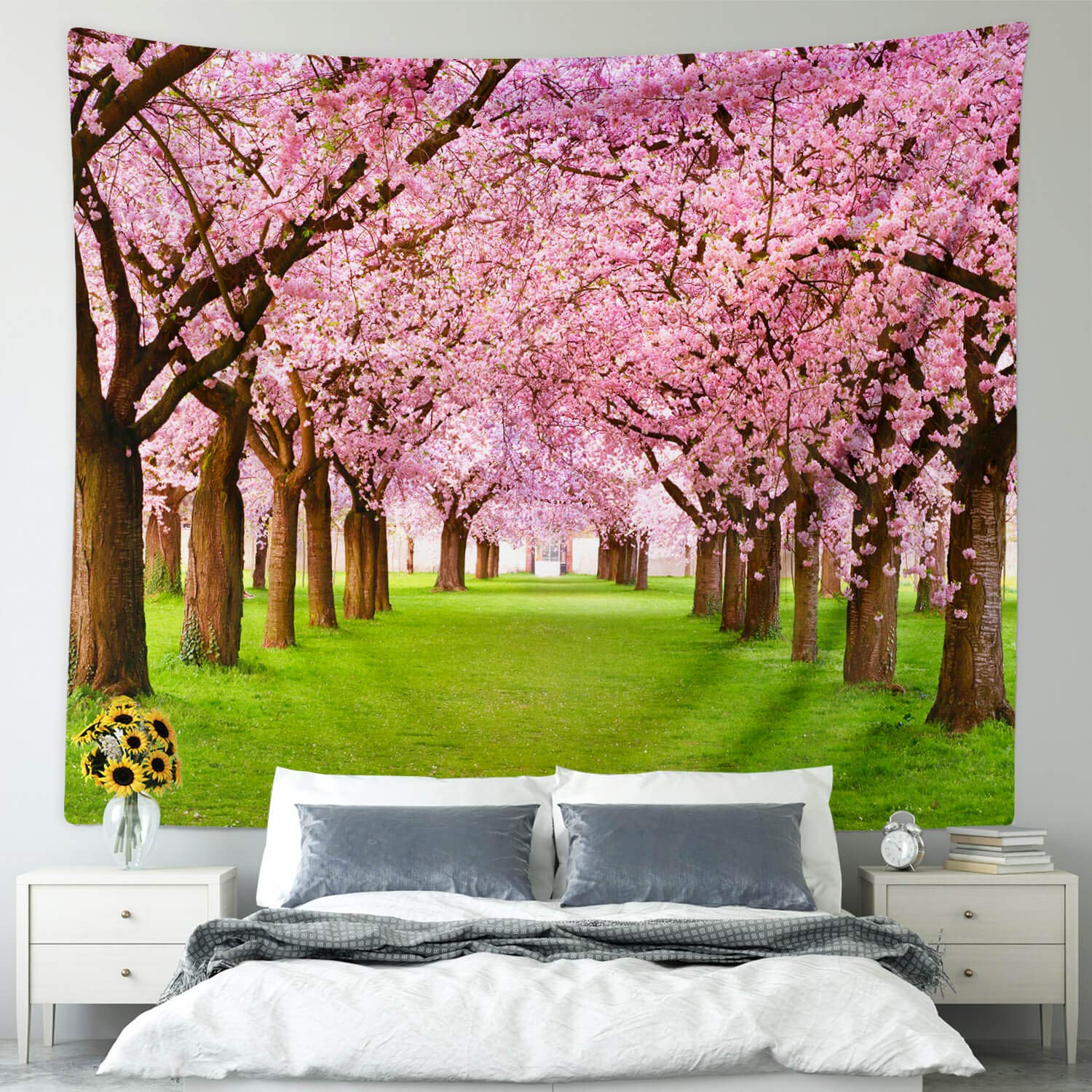 BROSHAN Pink Flower Tapestry Wall Hanging, Nature Floral Bedroom Tapestry Small - Cute Cherry Flowers Trees Garden Scenic Tapestries for Living Room Home Office Dorm Fabric Wall Art Blanket