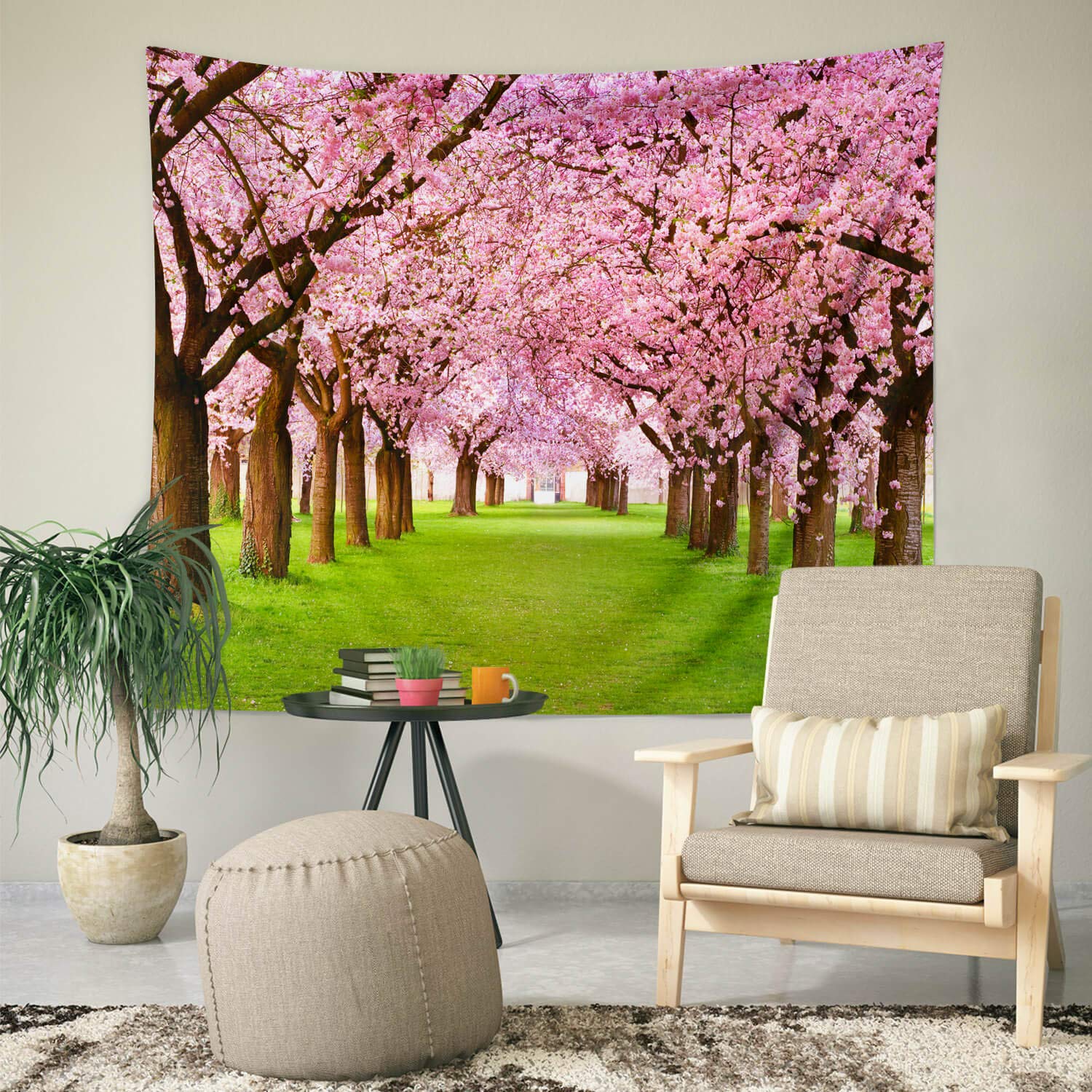 BROSHAN Pink Flower Tapestry Wall Hanging, Nature Floral Bedroom Tapestry Small - Cute Cherry Flowers Trees Garden Scenic Tapestries for Living Room Home Office Dorm Fabric Wall Art Blanket