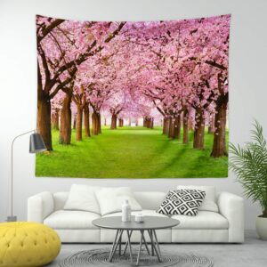 BROSHAN Pink Flower Tapestry Wall Hanging, Nature Floral Bedroom Tapestry Small - Cute Cherry Flowers Trees Garden Scenic Tapestries for Living Room Home Office Dorm Fabric Wall Art Blanket