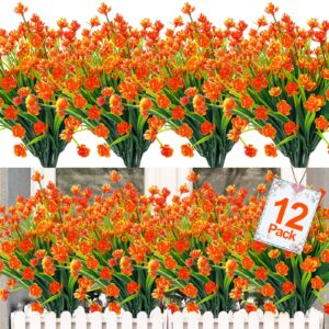 TURNMEON 12 Bundles Corn Flower Artificial Fall Flowers for Outdoor UV Resistant Fake Plants, Faux Plastic Flower Artificial Plants for Home Window Box Porch Autumn Fall Decor(Dark Orange)