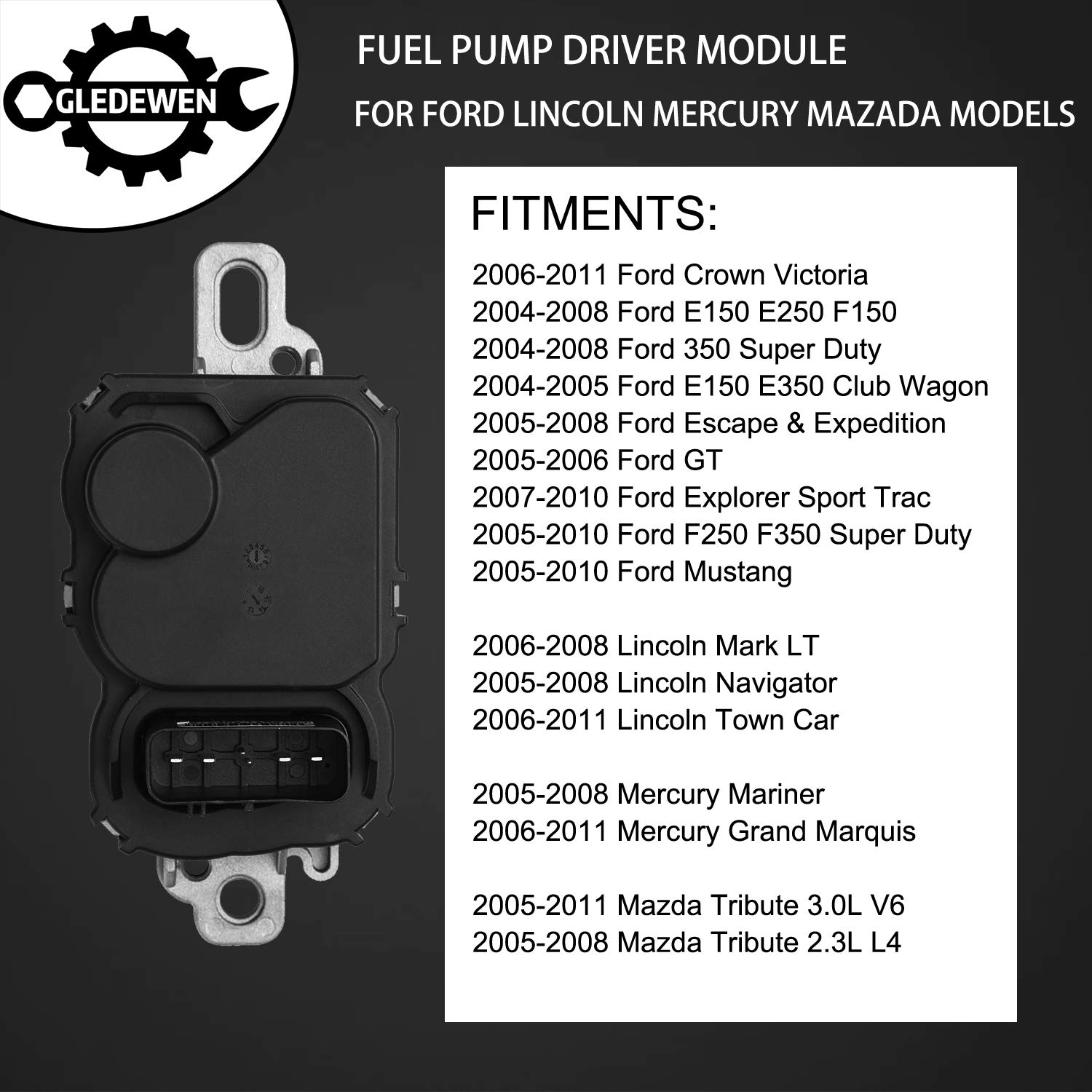 Gledewen Fuel Pump Driver Module with Mounting Bolts | for 2004-2011 Ford, 2005-2011 Lincoln, 2005-2011 Mazda, 2005-2011 Mercury Models | Replace# 590-001, 4C2A-9D372-BA, 5L8Z-9D37O-A, 5L8A-9D370-AA