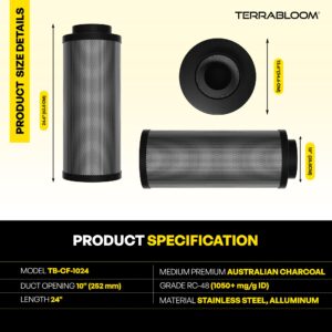 TerraBloom 10" x 24" Carbon Filter for Grow Tent - 46mm Charcoal Carbon Air Filter - Maximize Airflow with 1000 CFM - Premium Carbon Air Filter & Charcoal Filter for Homes & Commercial Applications