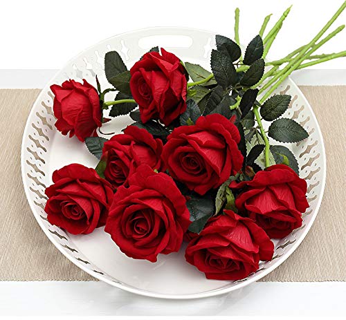 Sandweek Premium Artificial Flowers Real Looking Silk Rose Fake Flowers Home Decorations for Bridal Wedding Bouquet Birthday Bunch Hotel Party Garden Floral Decor-Red