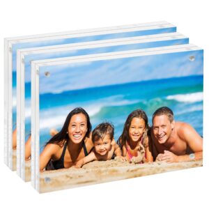 unum clear acrylic 4x6 picture frame - luxury magnetic floating picture frames - lucite block frame desk, shelf or table - 3 pack
