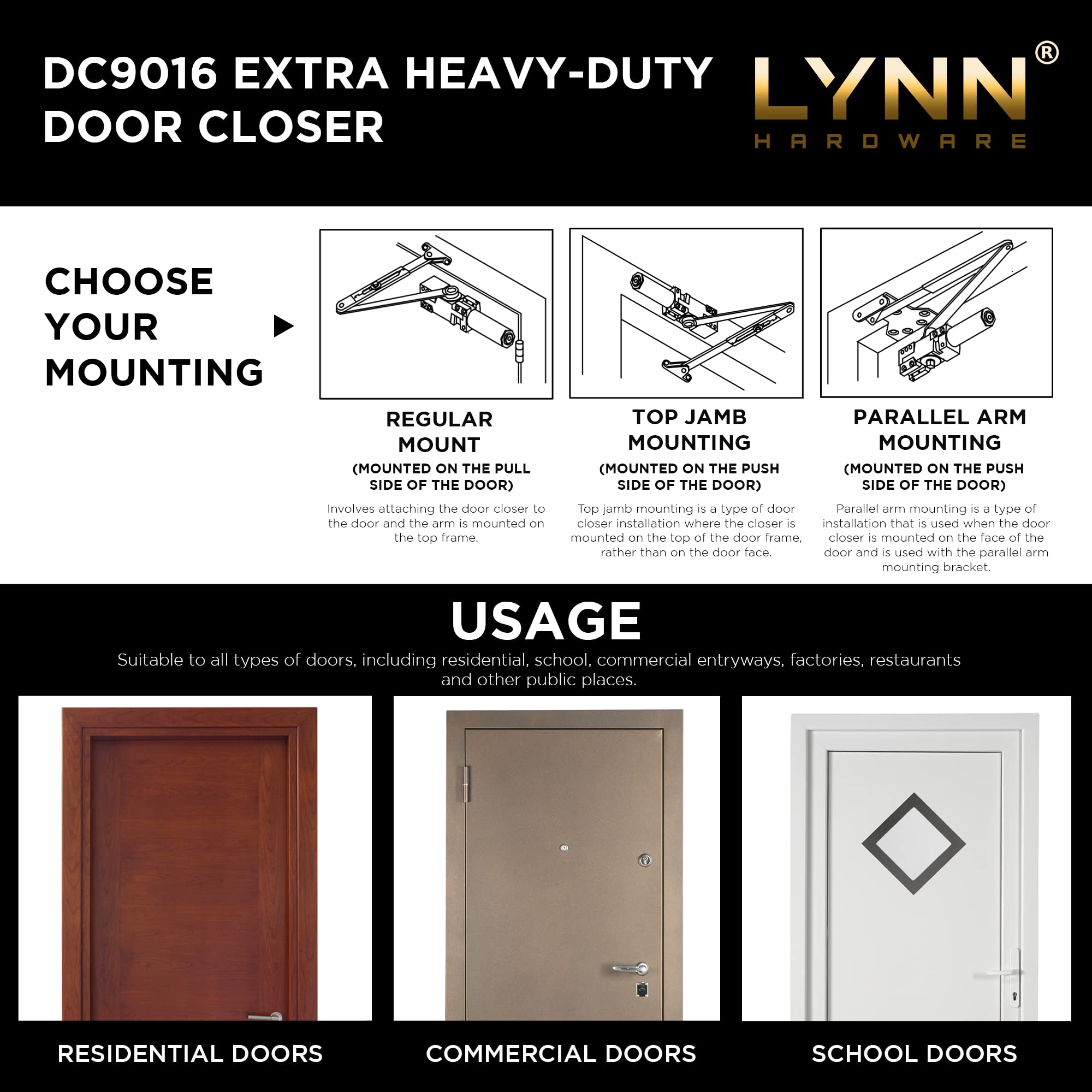 LYNN HARDWARE Extra Heavy Duty Commercial Door Closer, DC9016 Automatic Door Closer, Surface-Mounted Auto Door Closer, Size 1-6 Commercial Door Closer Heavy Duty for Heavy Traffic Areas, Aluminum