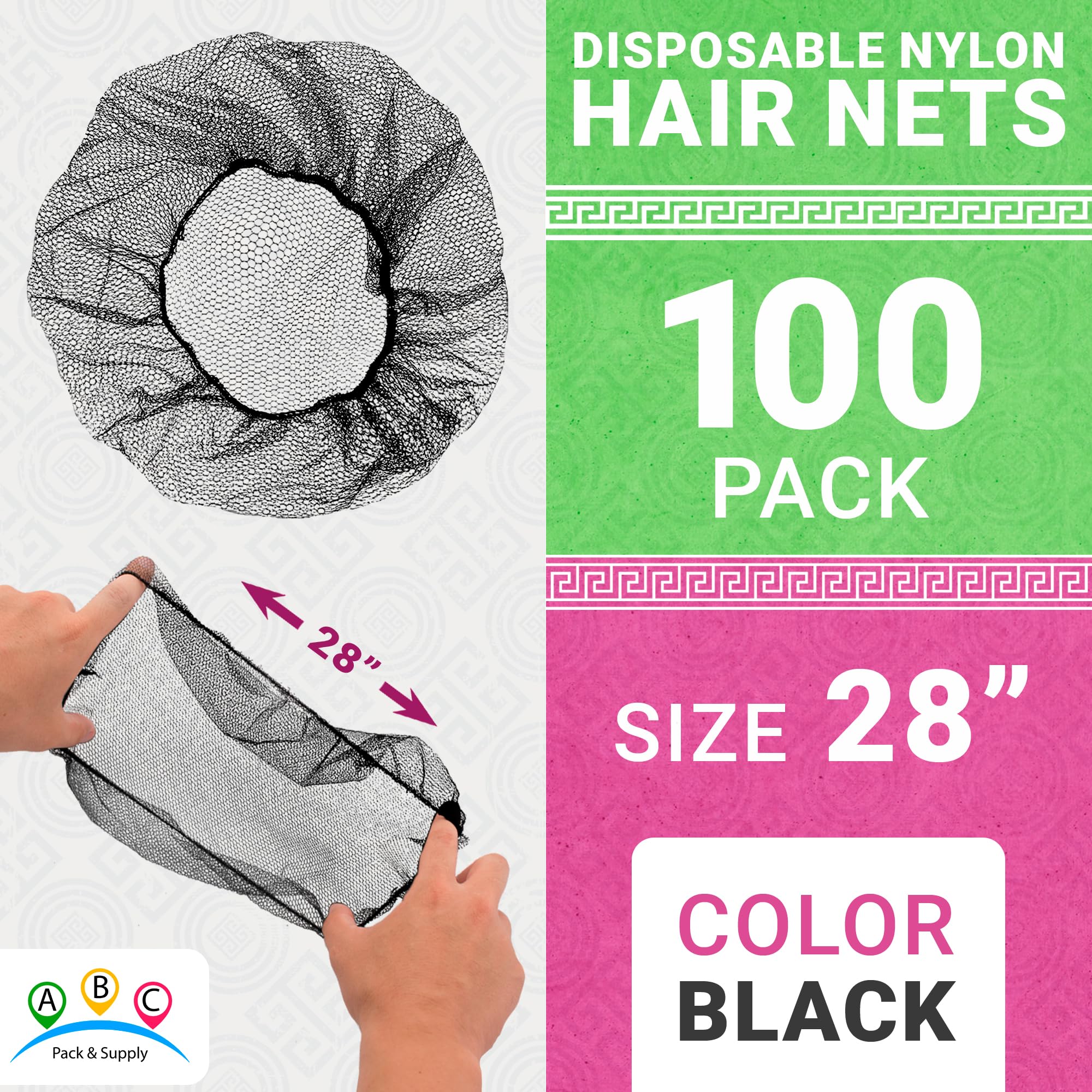 ABC Black Disposable Hair Net, 28 Inch. Pack of 100 Nylon Hair Nets Food Service Disposable. Elastic Disposable Hair Cap Medical. Disposable Surgical Cap. Bouffant Hair Nets Food Service Women