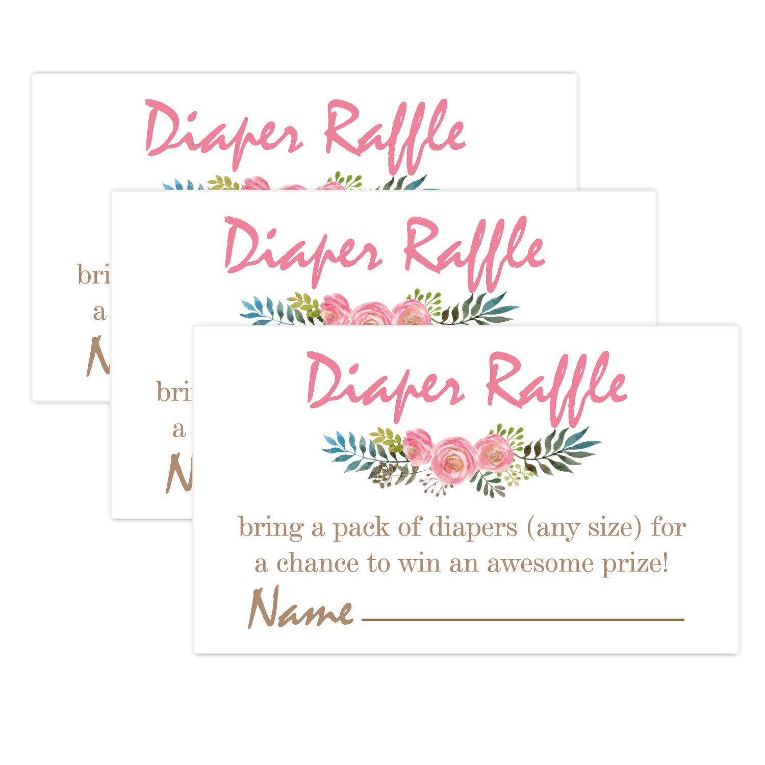 Pink Flowers Diaper Raffle Tickets for Baby Shower Invitation Inserts - 50 Baby Shower Game Cards.