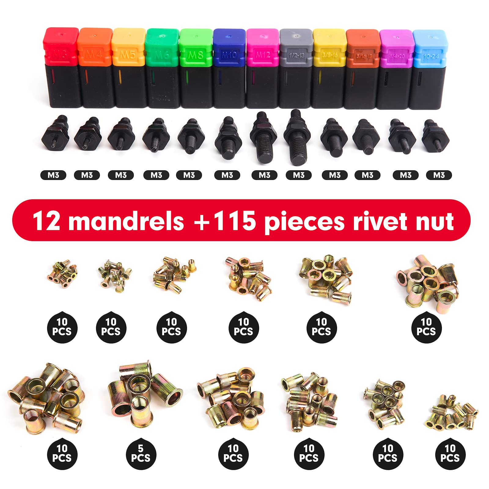 RZX 16" RIVET NUT TOOL Hand Blind Riveter,RIVNUT Riveting Tools with Nut Setting System totally 12mandrels M3 M4 M5,m6,m8,m10 M12, 10-24, 1/4-20, 5/16-18,3/8-16,1/2-13 +115PCS Rivets Nuts