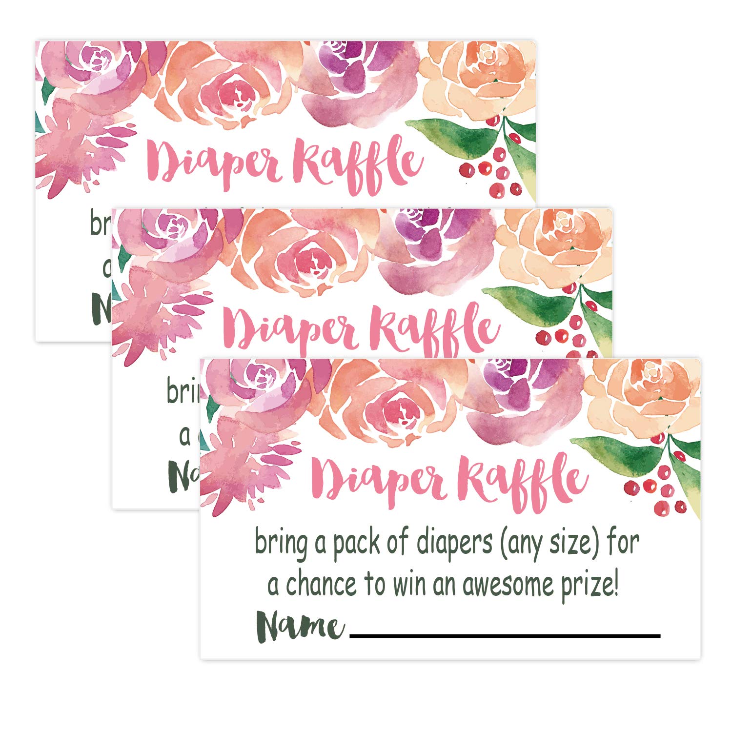 50 Watercolor Flowers Diaper Raffle Tickets for Baby Shower Invitation Inserts, Baby Shower Game Cards.