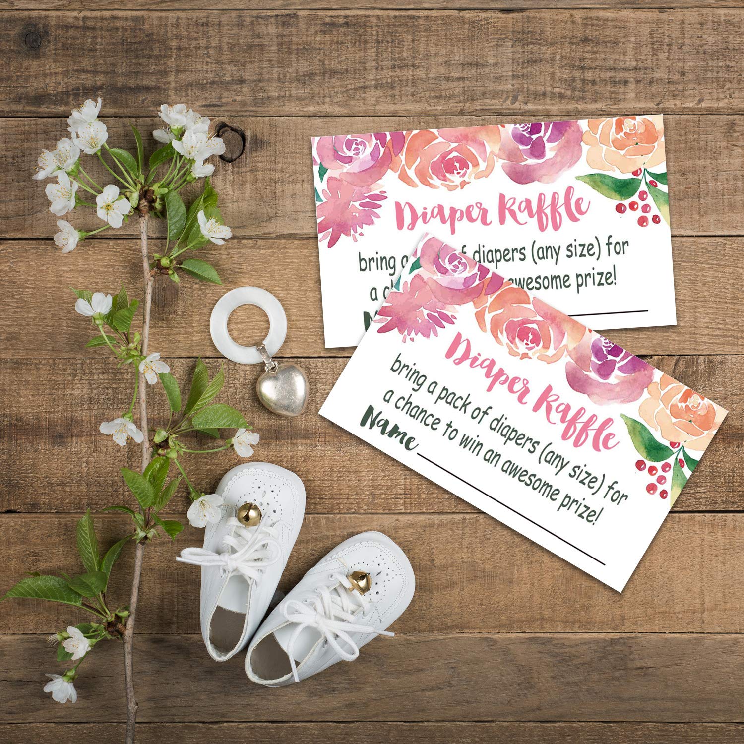 50 Watercolor Flowers Diaper Raffle Tickets for Baby Shower Invitation Inserts, Baby Shower Game Cards.